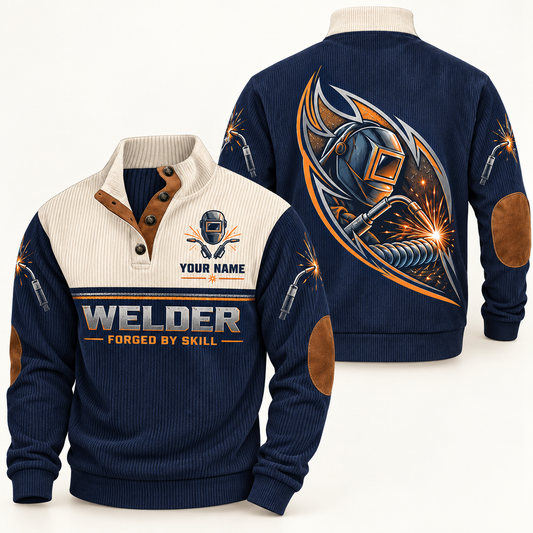 Personalized welder sports sweatshirt with heritage collar occupational artwork.