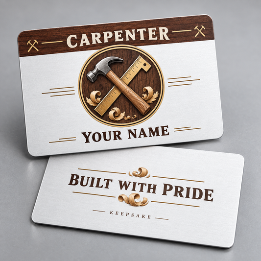 Personalized carpenter aluminum wallet card with everyday dedication occupational artwork.