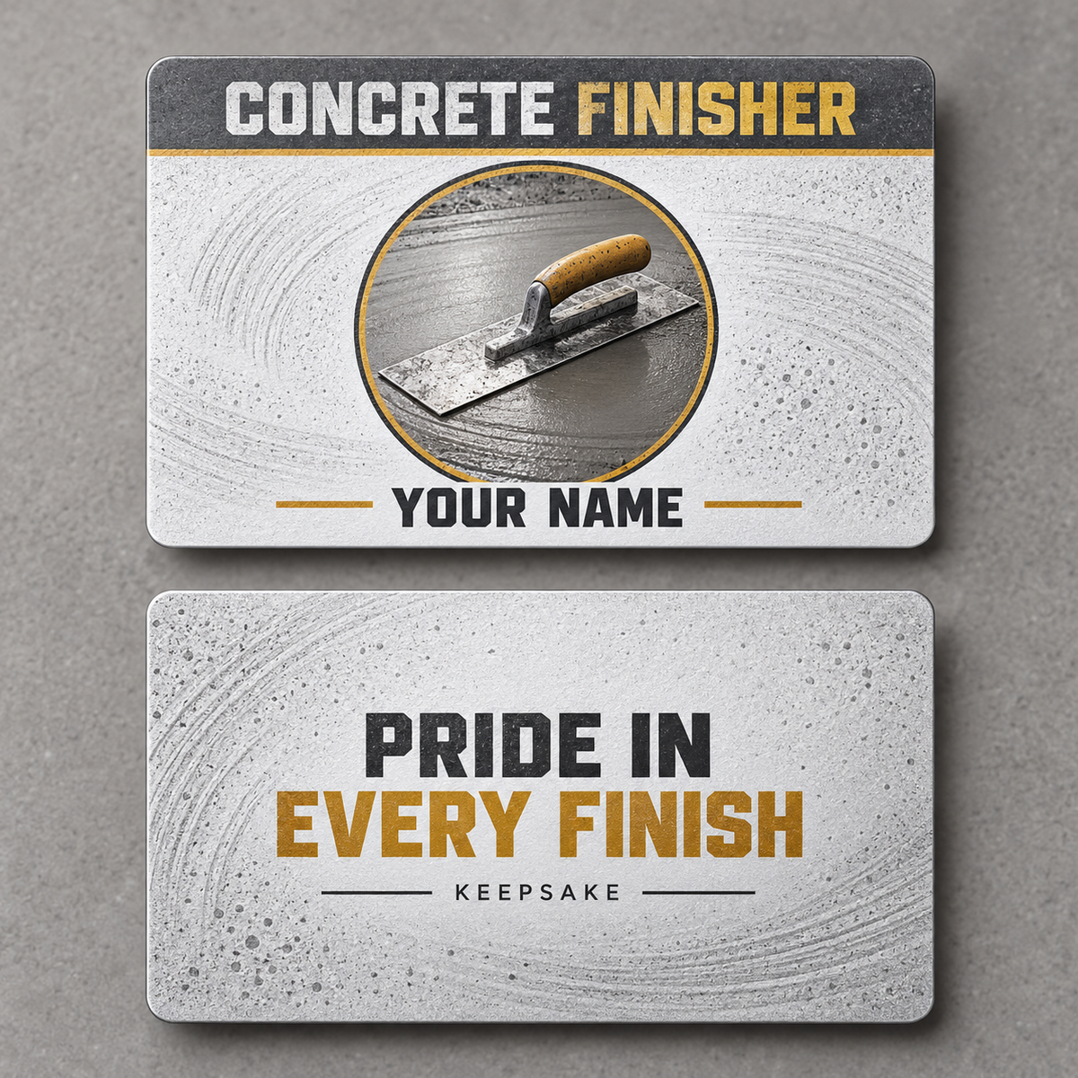 Personalized concrete finisher aluminum wallet card with everyday dedication occupational artwork.