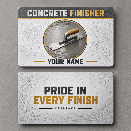 Personalized concrete finisher aluminum wallet card with everyday dedication occupational artwork.
