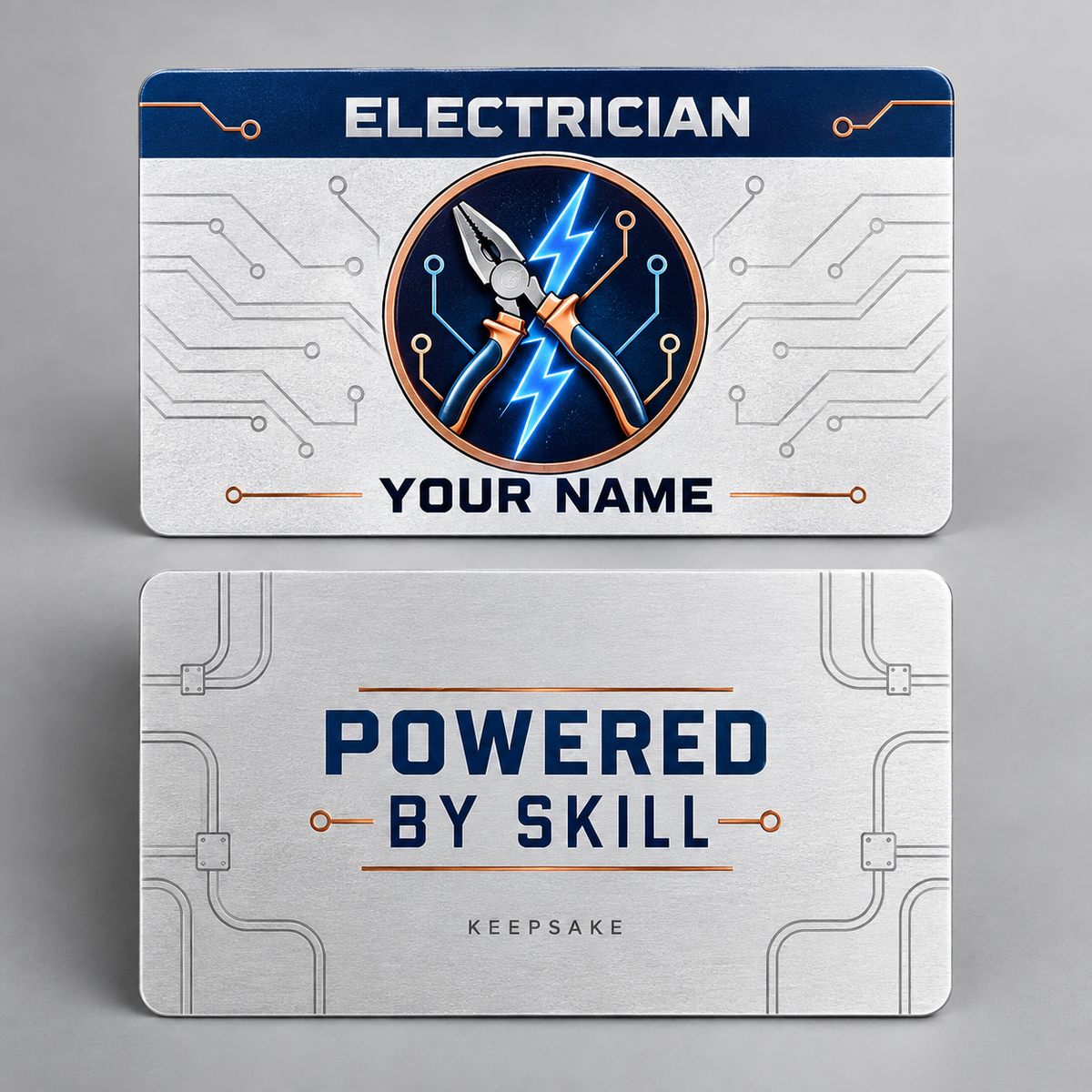 Personalized electrician aluminum wallet card with everyday dedication occupational artwork.