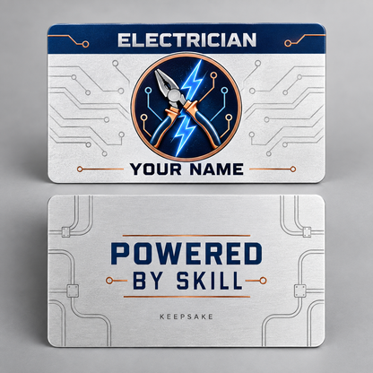 Personalized electrician aluminum wallet card with everyday dedication occupational artwork.
