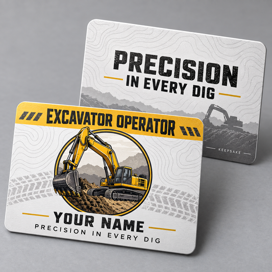 Personalized excavator operator aluminum wallet card with everyday dedication occupational artwork.
