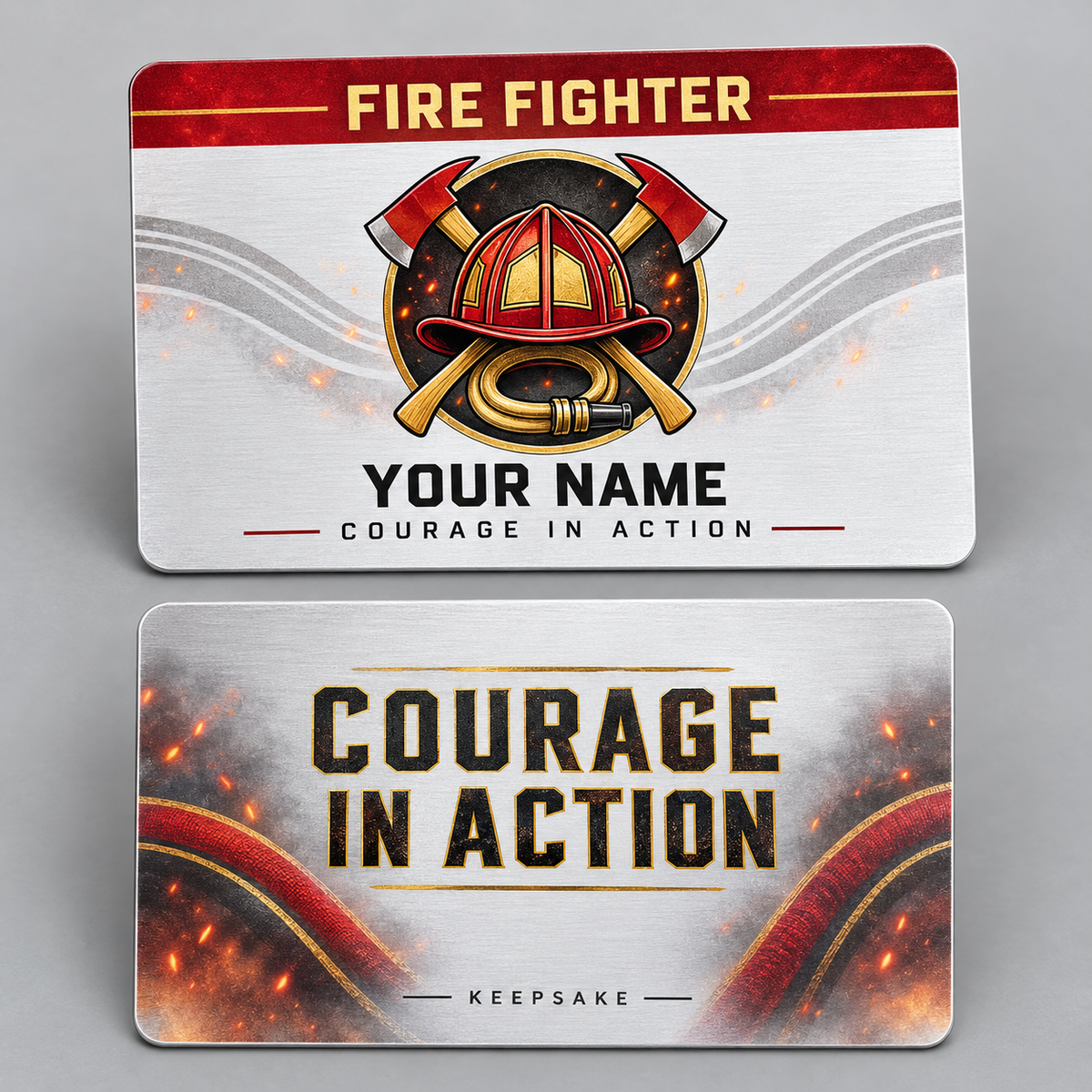 Personalized fire fighter aluminum wallet card with everyday dedication occupational artwork.