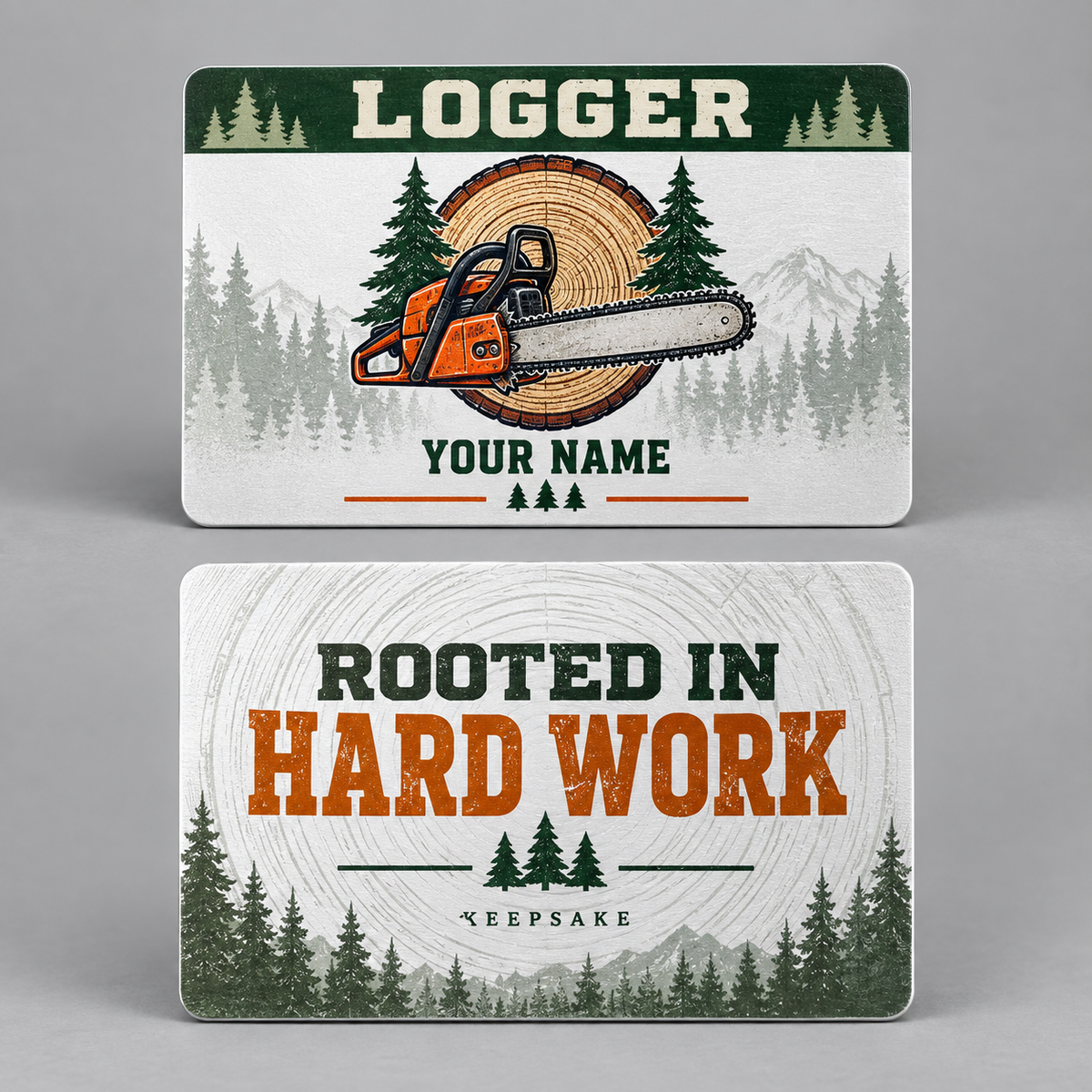 Personalized logger aluminum wallet card with everyday dedication occupational artwork.