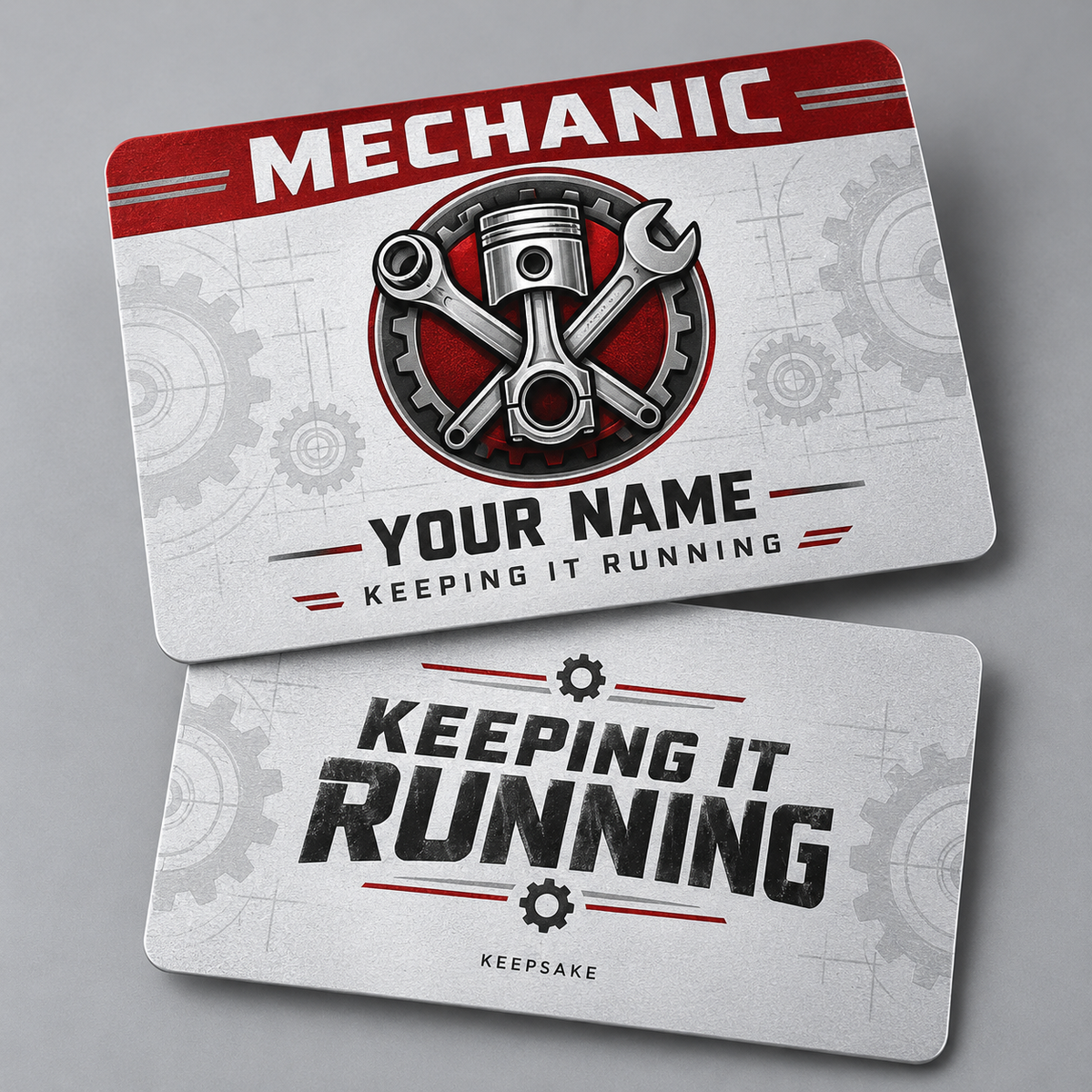 Personalized mechanic aluminum wallet card with everyday dedication occupational artwork.