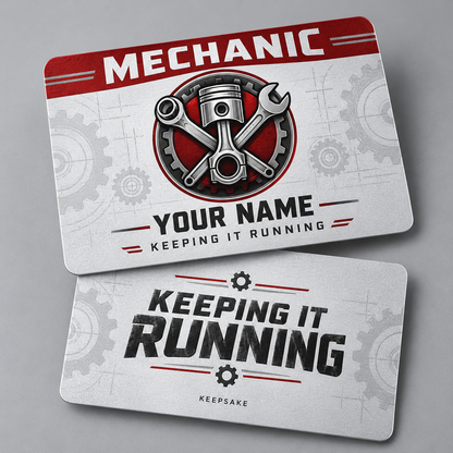 Personalized mechanic aluminum wallet card with everyday dedication occupational artwork.