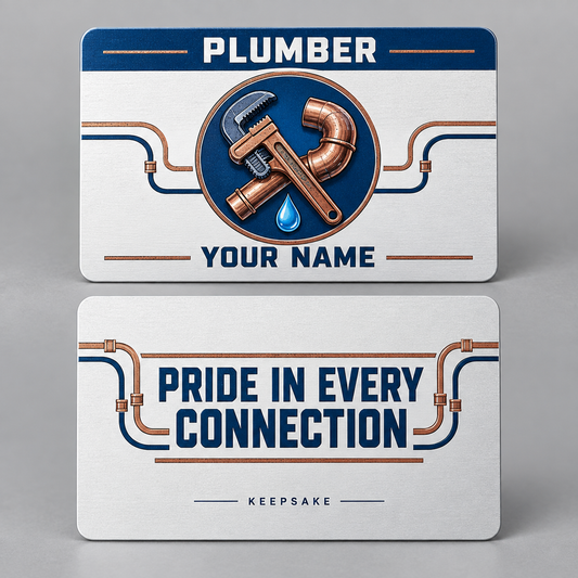 Personalized plumber aluminum wallet card with everyday dedication occupational artwork.