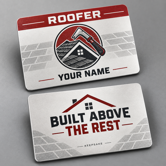 Personalized roofer aluminum wallet card with everyday dedication occupational artwork.