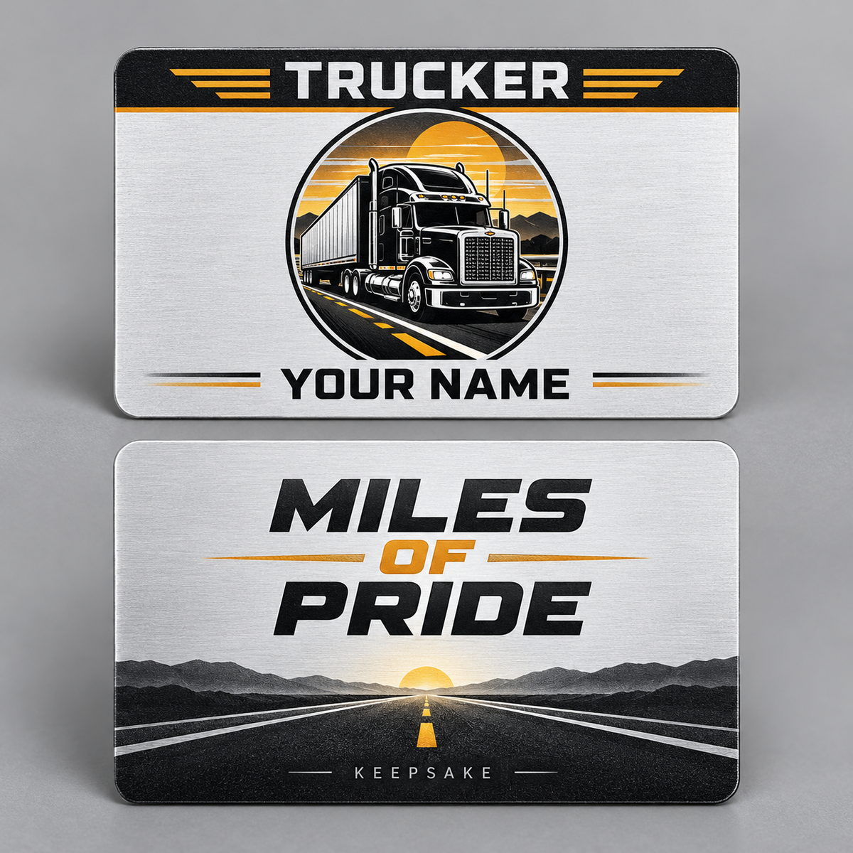 Personalized trucker aluminum wallet card with everyday dedication occupational artwork.