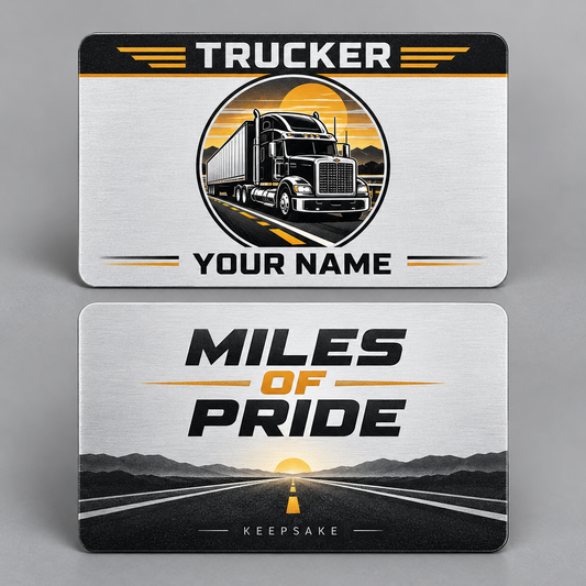 Personalized trucker aluminum wallet card with everyday dedication occupational artwork.