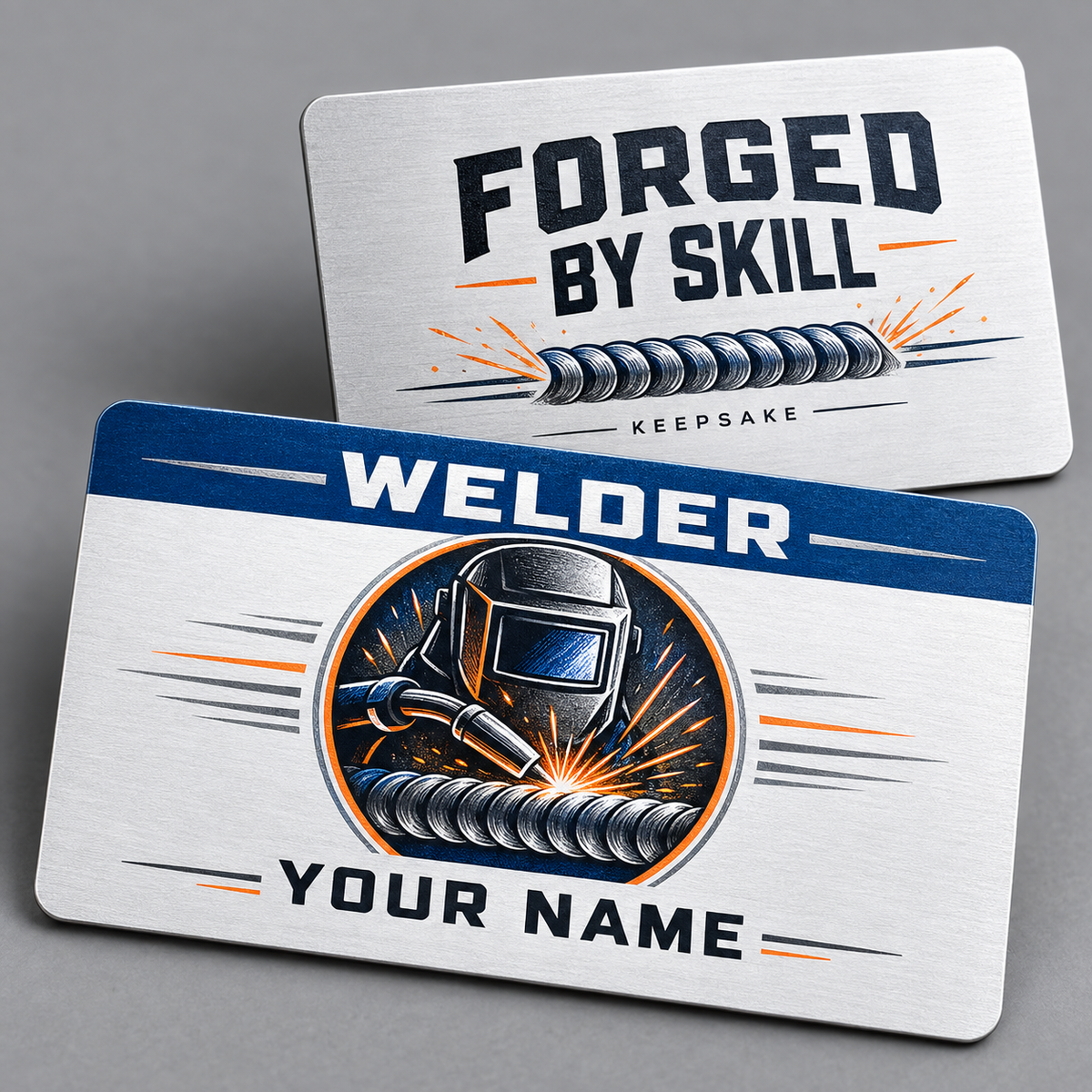 Personalized welder aluminum wallet card with everyday dedication occupational artwork.