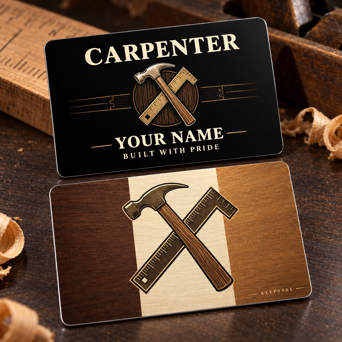 Personalized carpenter aluminum wallet card with midnight pride occupational artwork.
