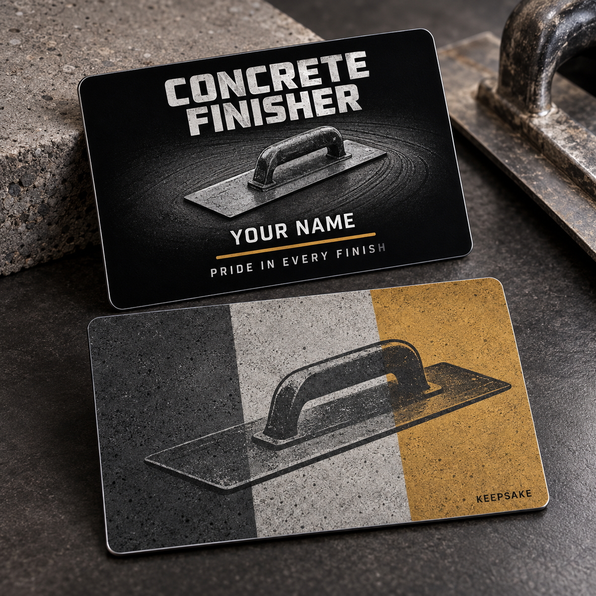 Personalized concrete finisher aluminum wallet card with midnight pride occupational artwork.