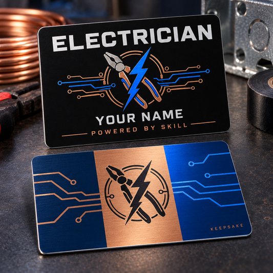 Personalized electrician aluminum wallet card with midnight pride occupational artwork.