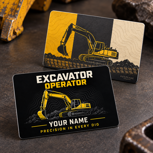 Personalized excavator operator aluminum wallet card with midnight pride occupational artwork.