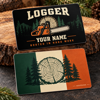 Personalized logger aluminum wallet card with midnight pride occupational artwork.