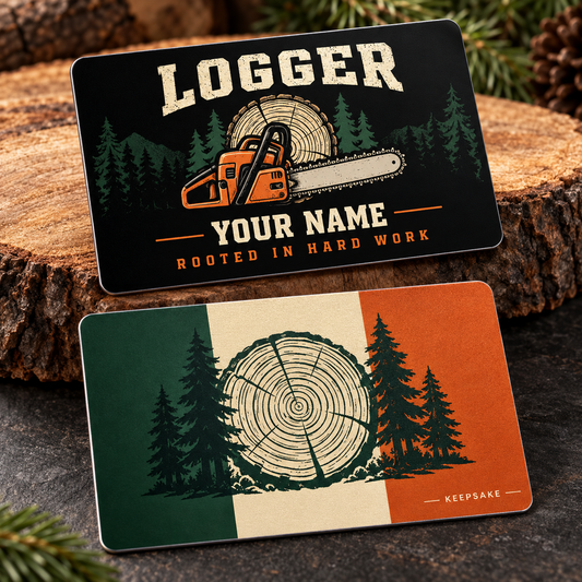Personalized logger aluminum wallet card with midnight pride occupational artwork.