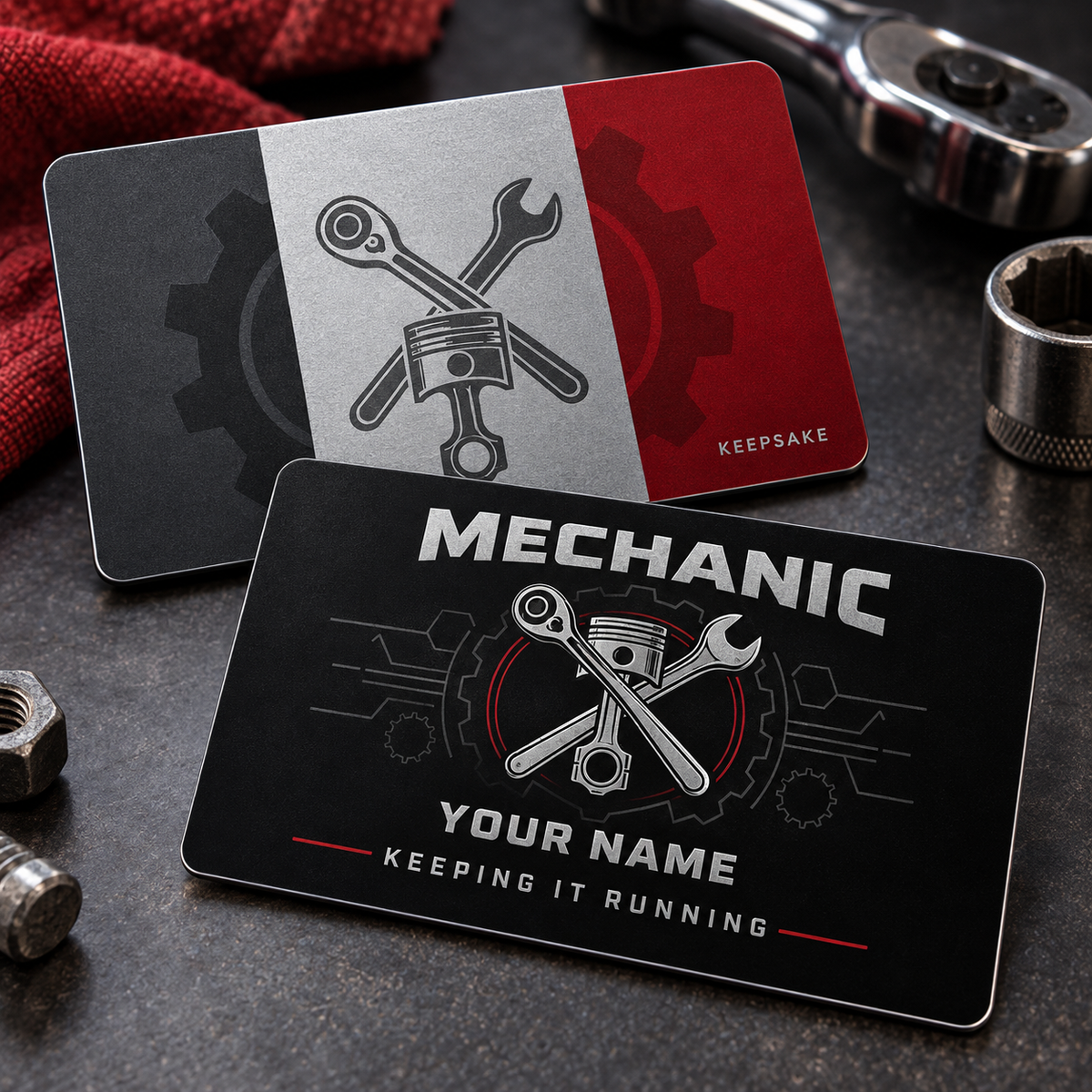 Personalized mechanic aluminum wallet card with midnight pride occupational artwork.