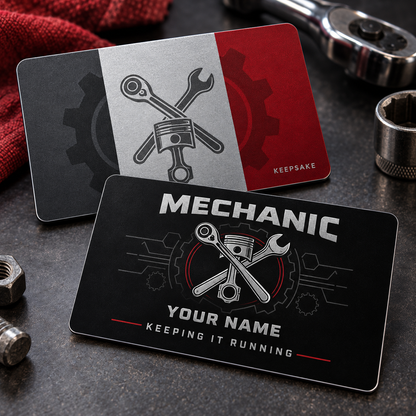 Personalized mechanic aluminum wallet card with midnight pride occupational artwork.