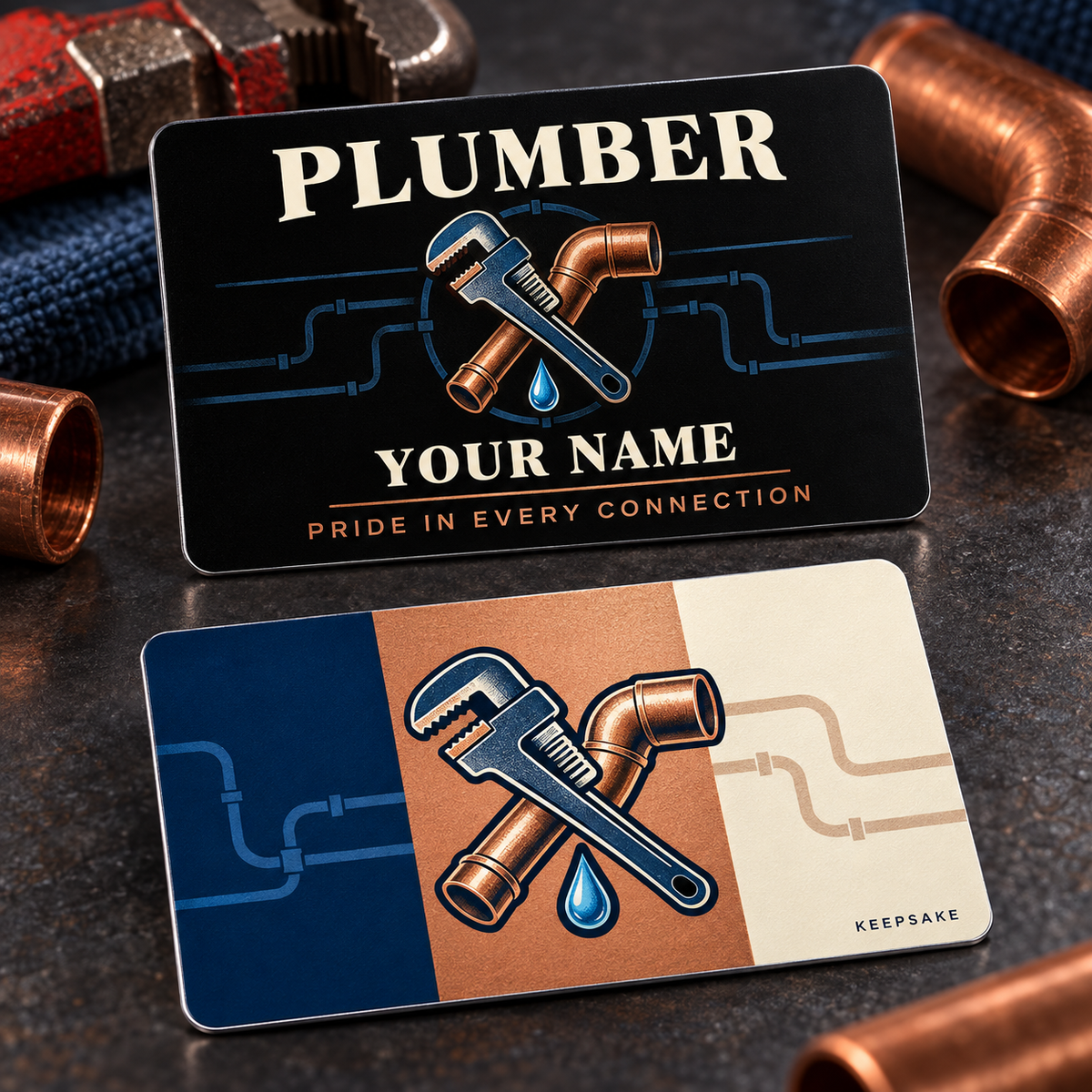 Personalized plumber aluminum wallet card with midnight pride occupational artwork.
