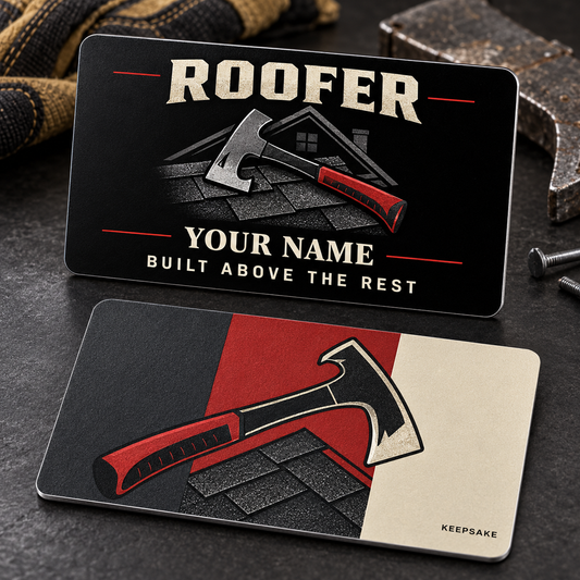 Personalized roofer aluminum wallet card with midnight pride occupational artwork.