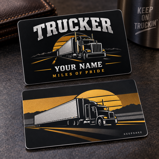 Personalized trucker aluminum wallet card with midnight pride occupational artwork.