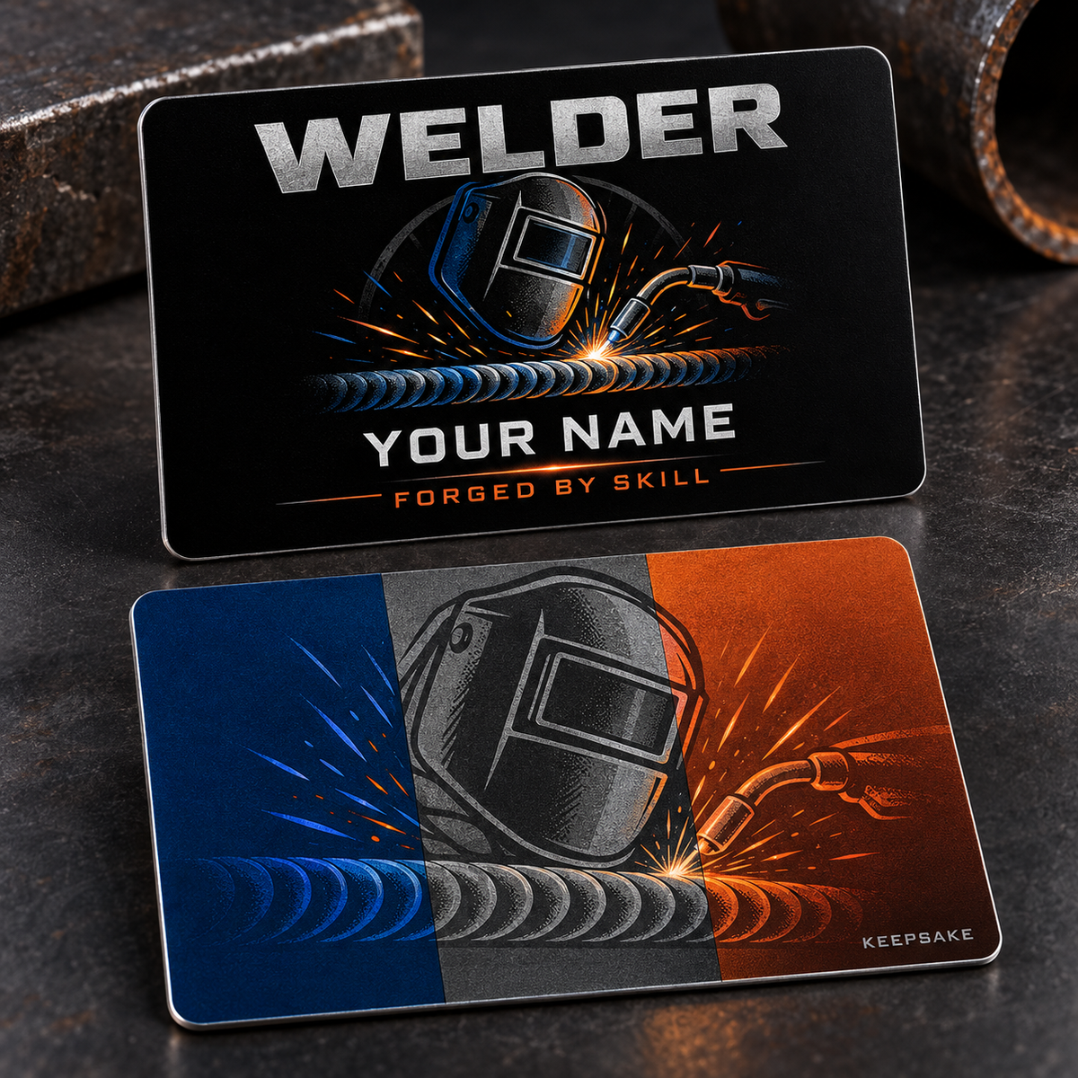 Personalized welder aluminum wallet card with midnight pride occupational artwork.