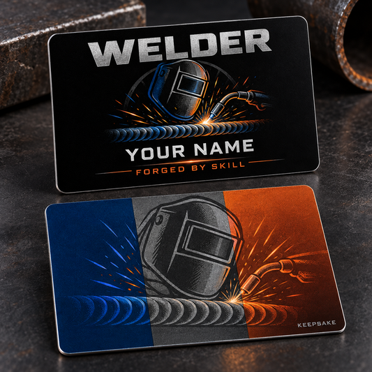Personalized welder aluminum wallet card with midnight pride occupational artwork.