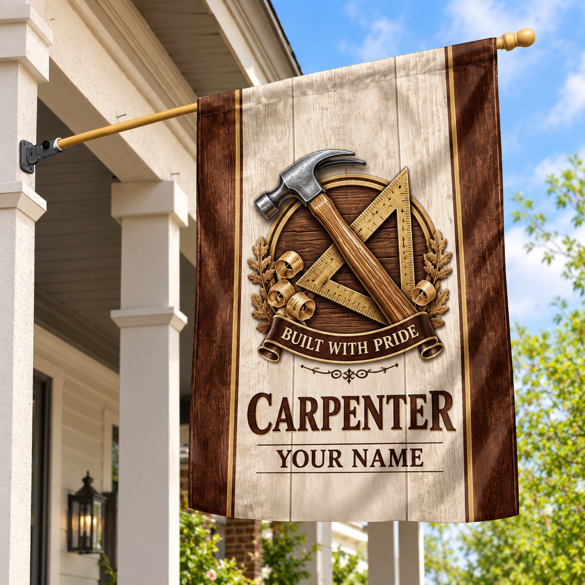Personalized carpenter house flag with proud legacy occupational artwork.