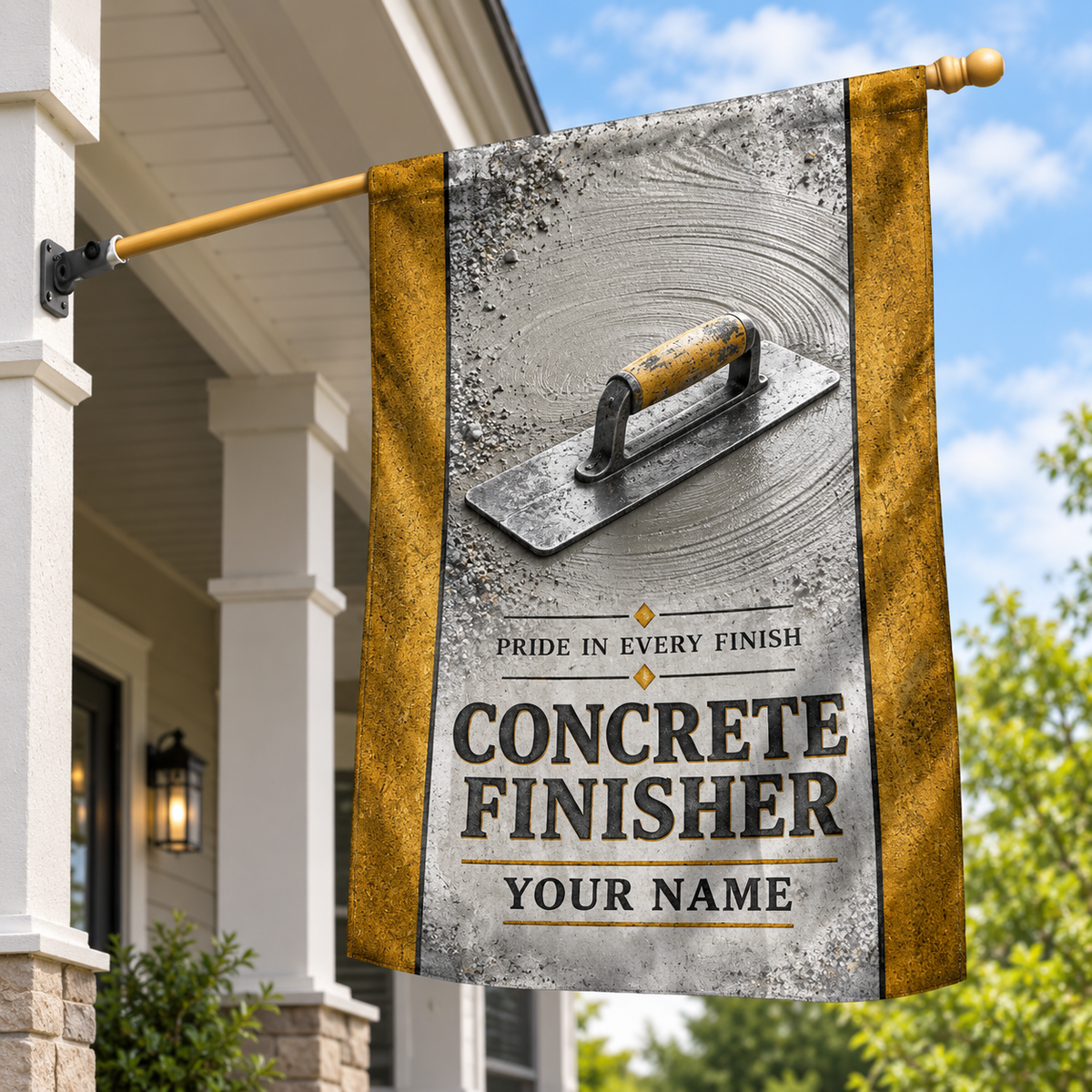 Personalized concrete finisher house flag with proud legacy occupational artwork.