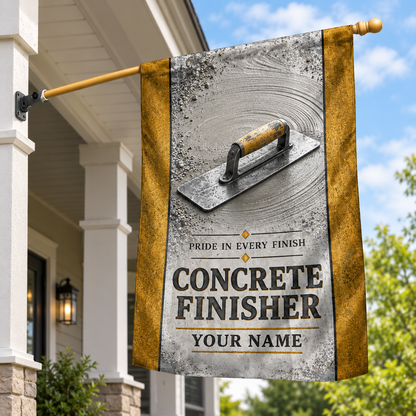 Personalized concrete finisher house flag with proud legacy occupational artwork.