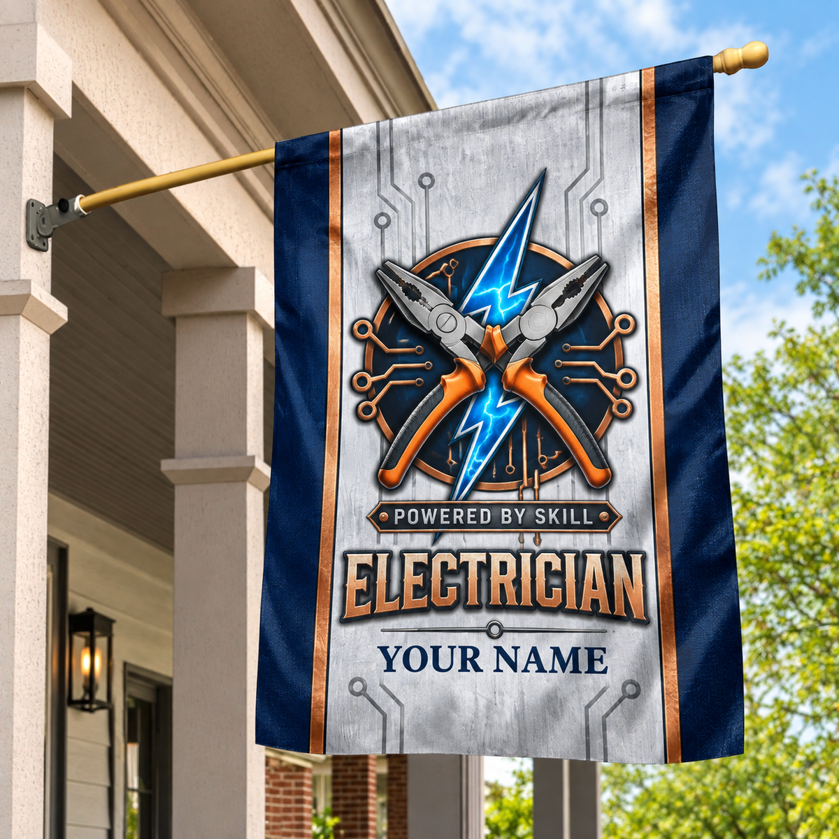 Personalized electrician house flag with proud legacy occupational artwork.