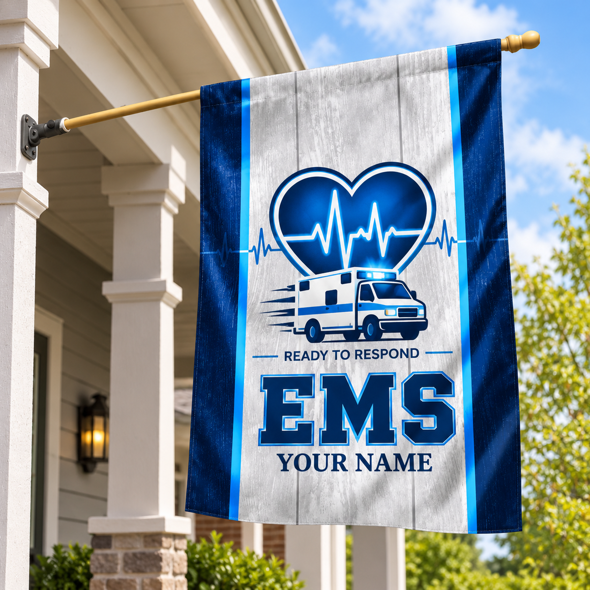 Personalized ems house flag with proud legacy occupational artwork.