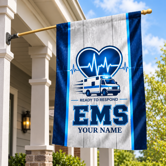 Personalized ems house flag with proud legacy occupational artwork.