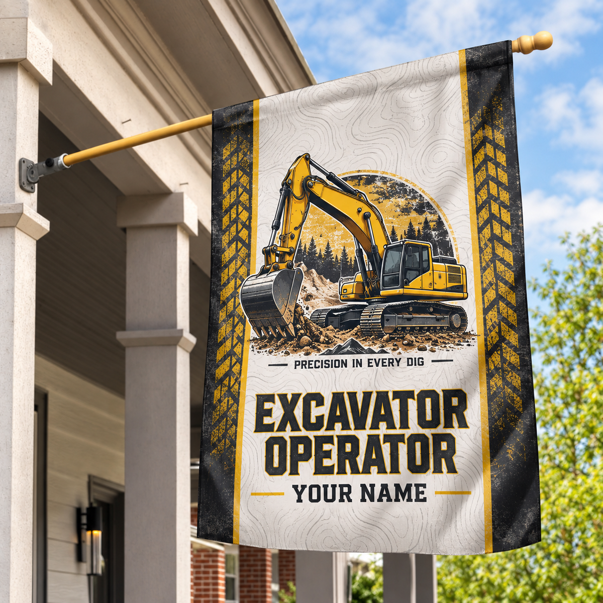Personalized excavator operator house flag with proud legacy occupational artwork.