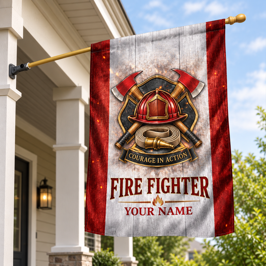 Personalized fire fighter house flag with proud legacy occupational artwork.