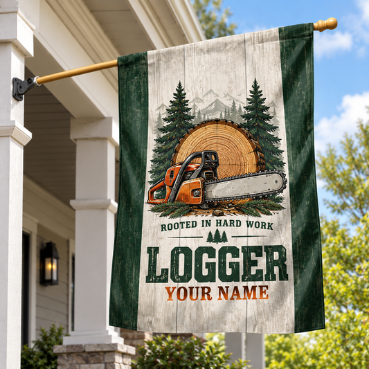Personalized logger house flag with proud legacy occupational artwork.
