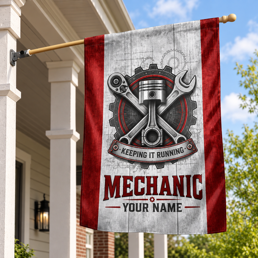 Personalized mechanic house flag with proud legacy occupational artwork.