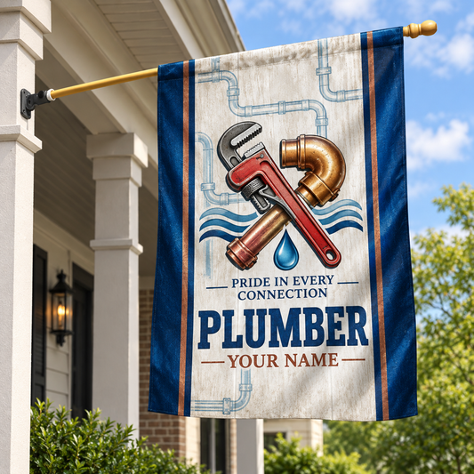 Personalized plumber house flag with proud legacy occupational artwork.