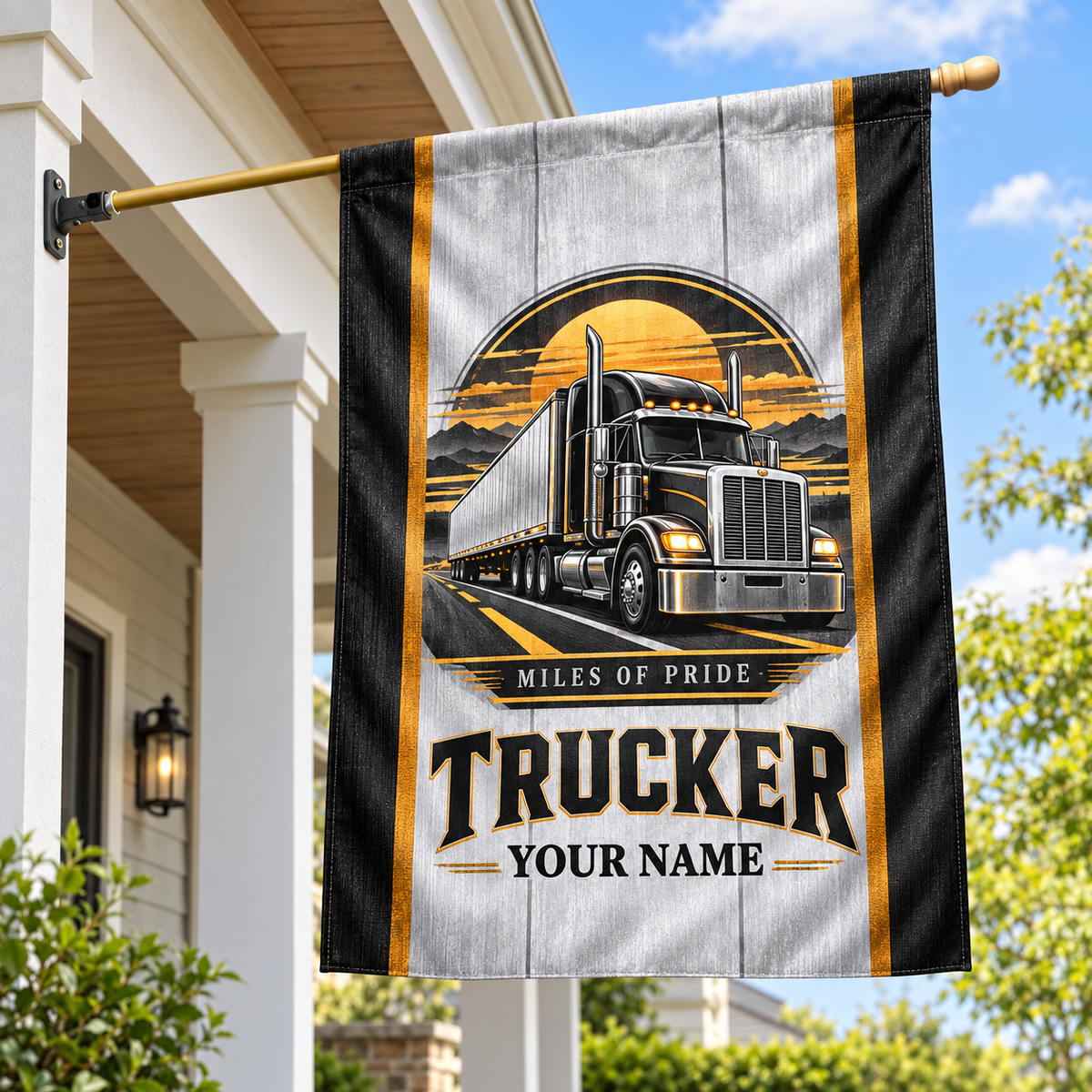 Personalized trucker house flag with proud legacy occupational artwork.