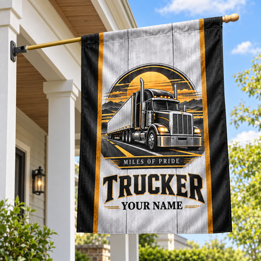 Personalized trucker house flag with proud legacy occupational artwork.