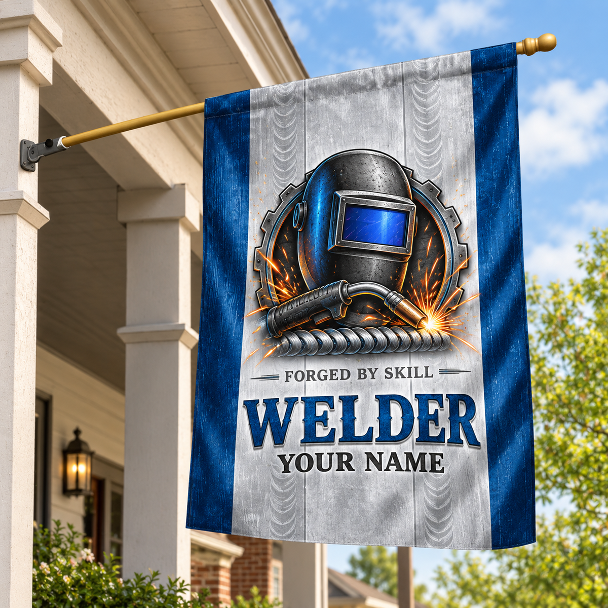 Personalized welder house flag with proud legacy occupational artwork.