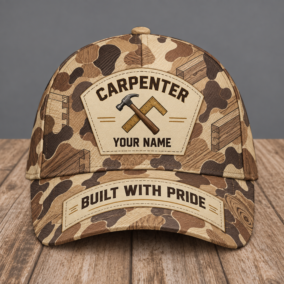 Personalized carpenter camo baseball cap with patchwork pride occupational artwork.