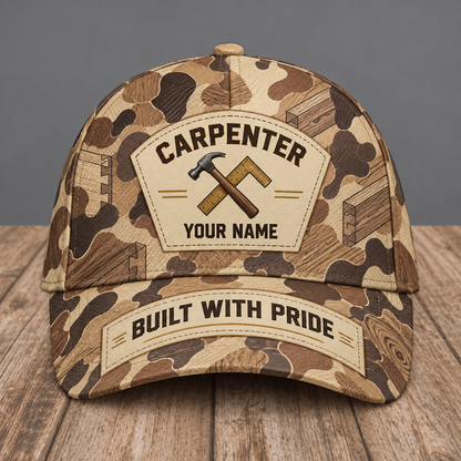 Personalized carpenter camo baseball cap with patchwork pride occupational artwork.