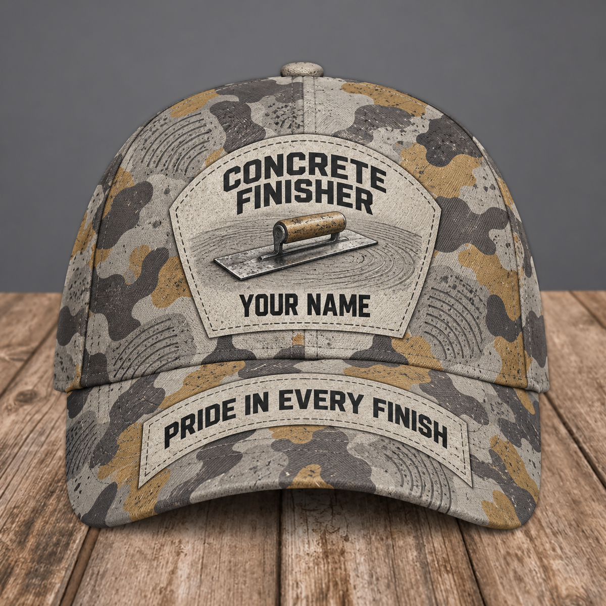 Personalized concrete finisher camo baseball cap with patchwork pride occupational artwork.