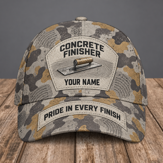 Personalized concrete finisher camo baseball cap with patchwork pride occupational artwork.