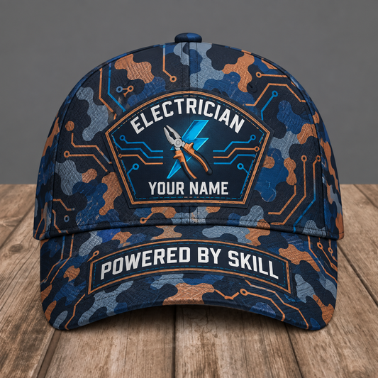 Personalized electrician camo baseball cap with patchwork pride occupational artwork.