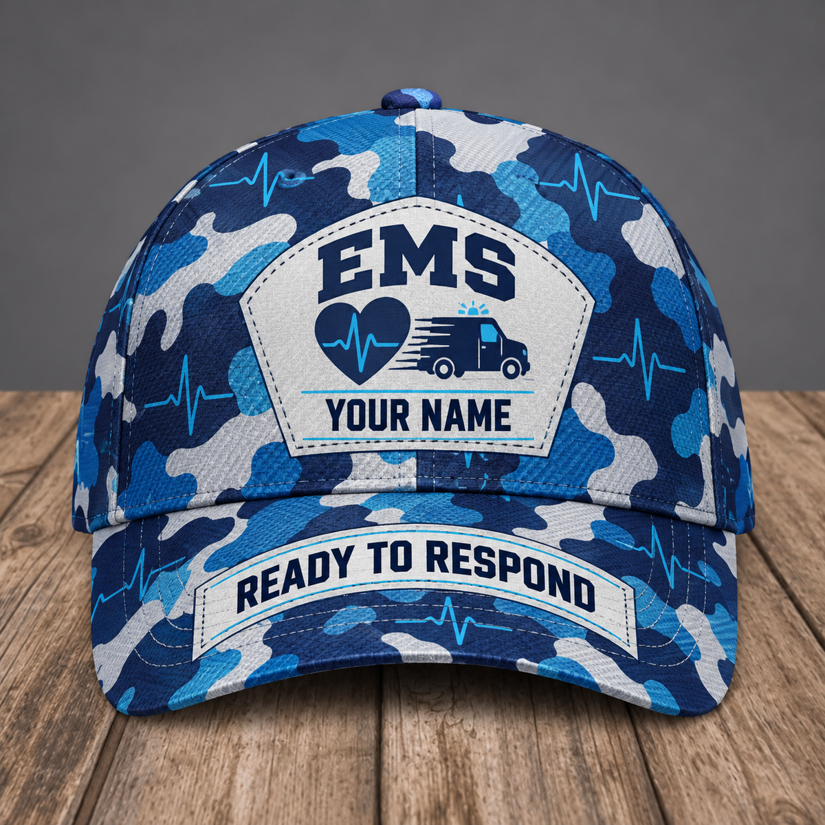 Personalized ems camo baseball cap with patchwork pride occupational artwork.