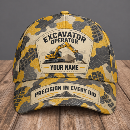 Personalized excavator operator camo baseball cap with patchwork pride occupational artwork.